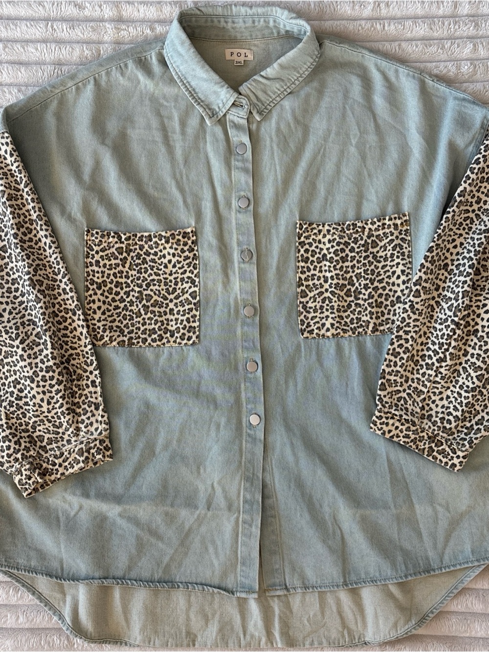 POL Oversized Leopard Print Denim Shirt Shacket 3XL Boho Chic Vintage Wash